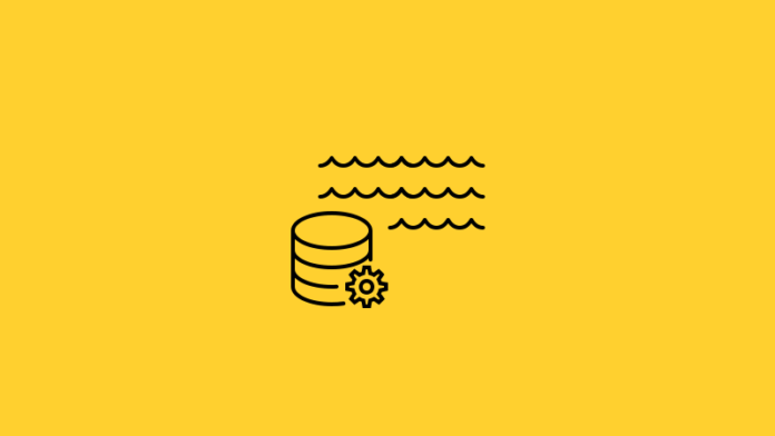 Data lake illustration with a database icon and sea wave