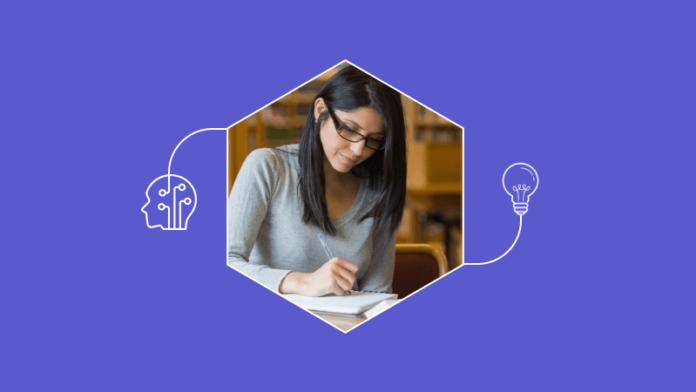 Essay writing illustration with a brain icon, light icon and a woman writing on a paper