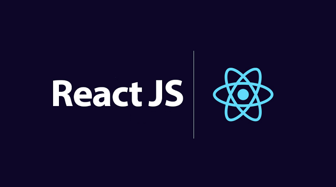 React JS logo with name on Blue background