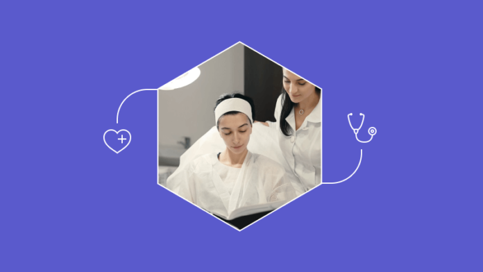 Cosmetologist showing to her patient