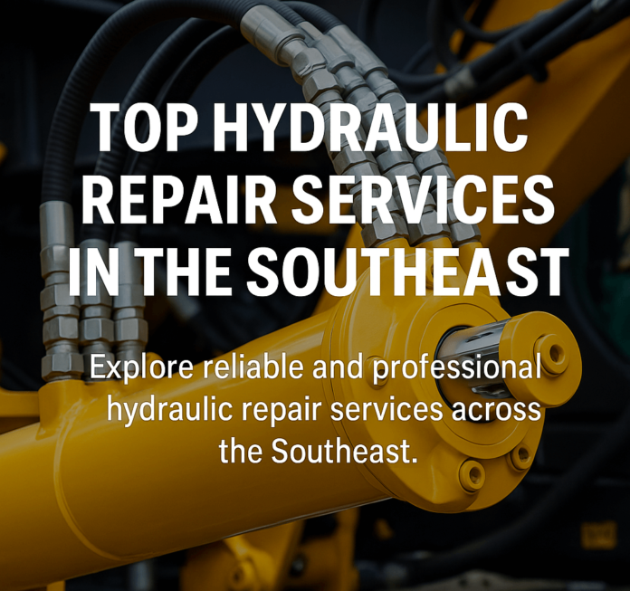 Close-up of hydraulic cylinder with industrial background promoting Southeast repair services