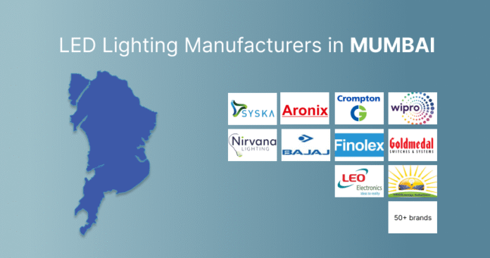 LED lighting brands in Mumbai with logos like Syska, Wipro, Bajaj, and more.